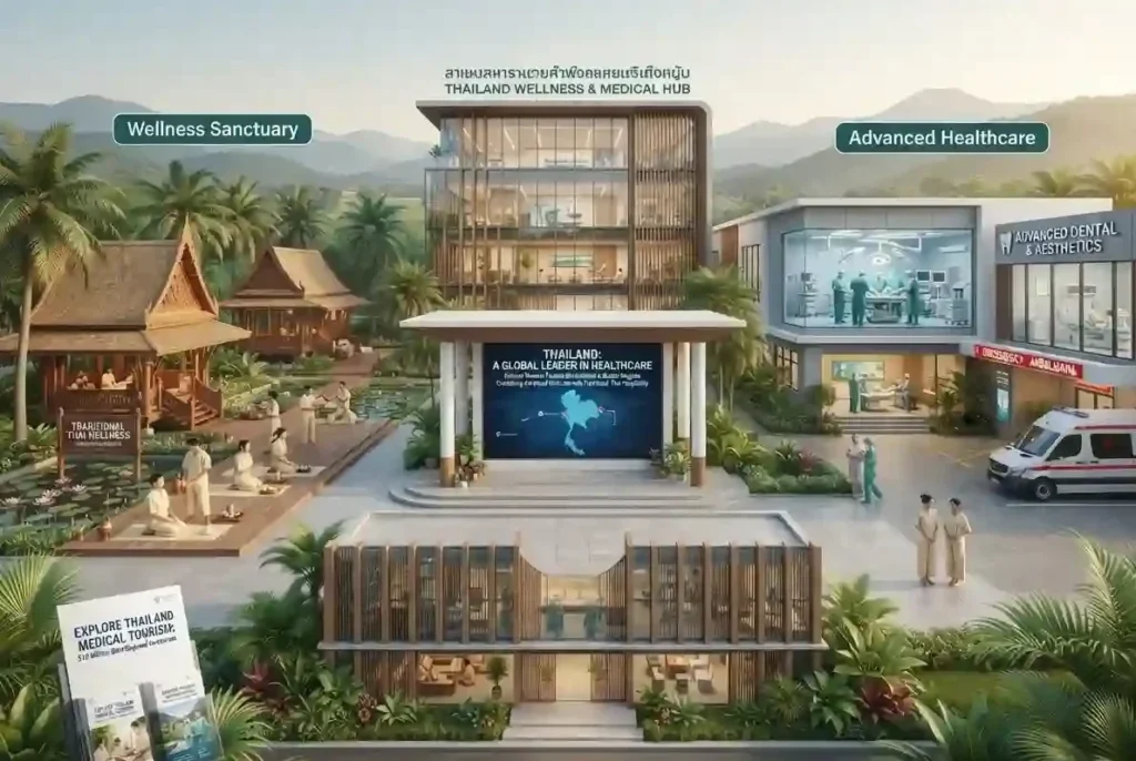 Illustration d'un complexe moderne en Thaïlande combinant centres médicaux avancés, soins dentaires, chirurgie esthétique et espaces de bien-être pour le tourisme de santé.