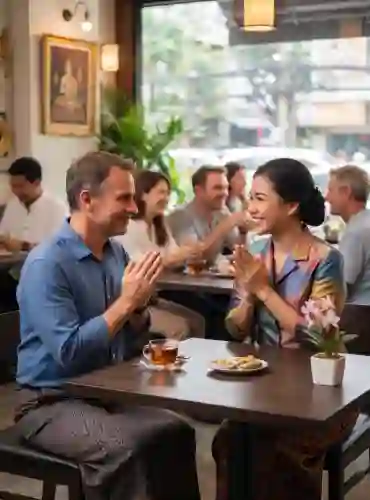Couple d'expatriés partageant un moment de courtoisie et de respect mutuel dans un café en Thaïlande.