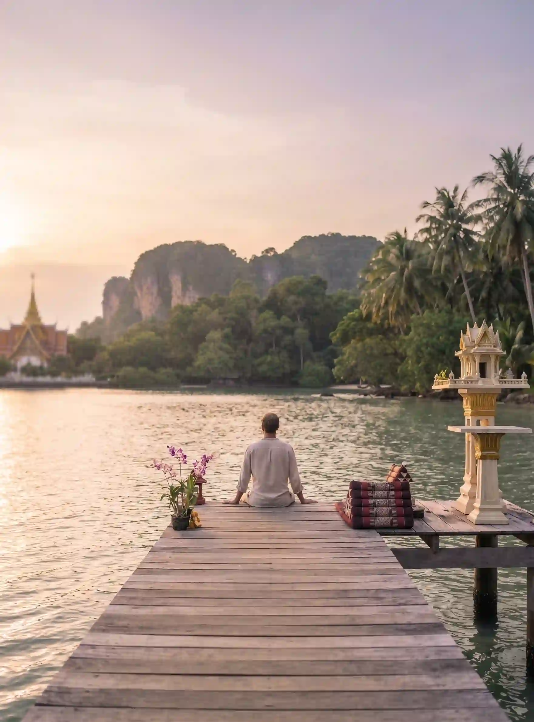Homme en méditation face à un lac et des montagnes en Thaïlande symbolisant la sérénité